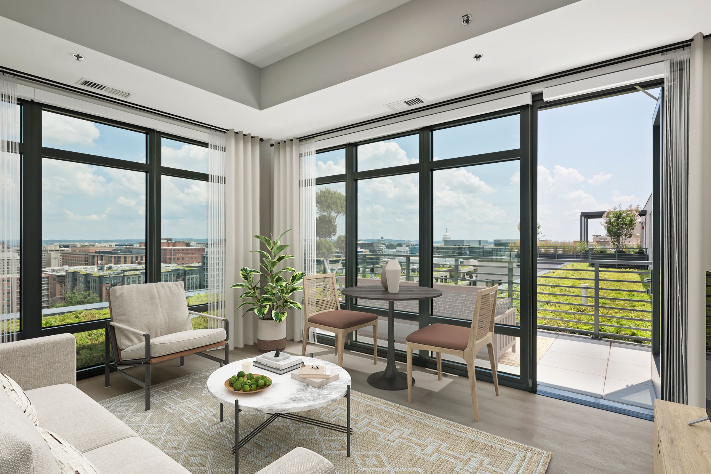 Mount Vernon Triangle, Washington, DC, Luxury Apartments Near Safeway - Claret - Living Room With Luxury Plank Flooring, Couch, Armchair, Round Coffee Table, Side Table, Lamps, And Large Windows.
